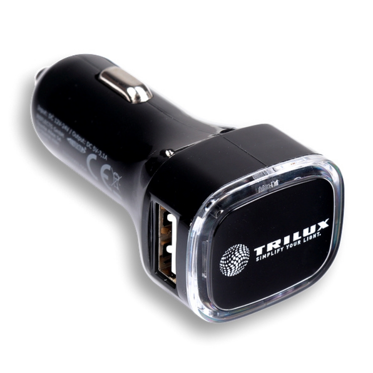 Autoladegerät für Bordspannungssteckdosen, Viereckig, mit USB-Anschluss, schwarz, oben weißes TRILUX Logo