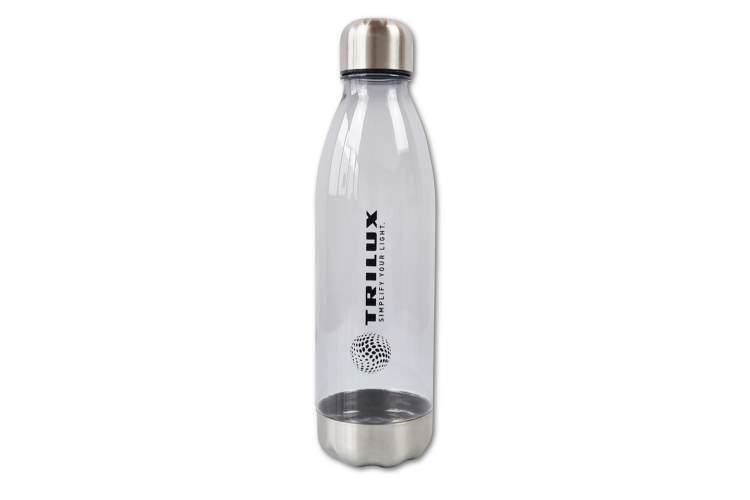 Trinkflasche, transparent, Silberner Deckel und Fuß, schwarzes TRILUX Logo senkrecht mittig