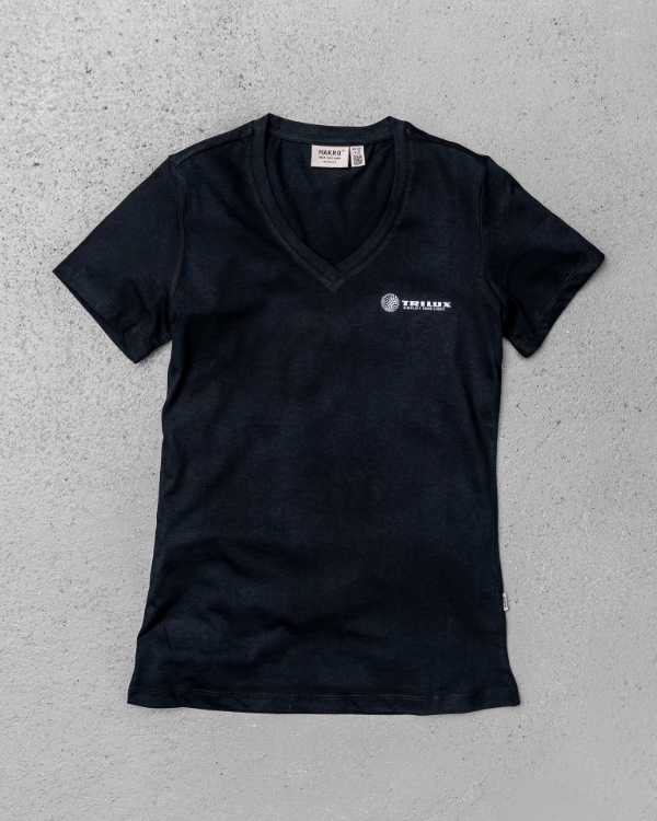 Schwarzes T-Shirt mit V-Ausschitt,mit weißem Logo auf der Linken Brust