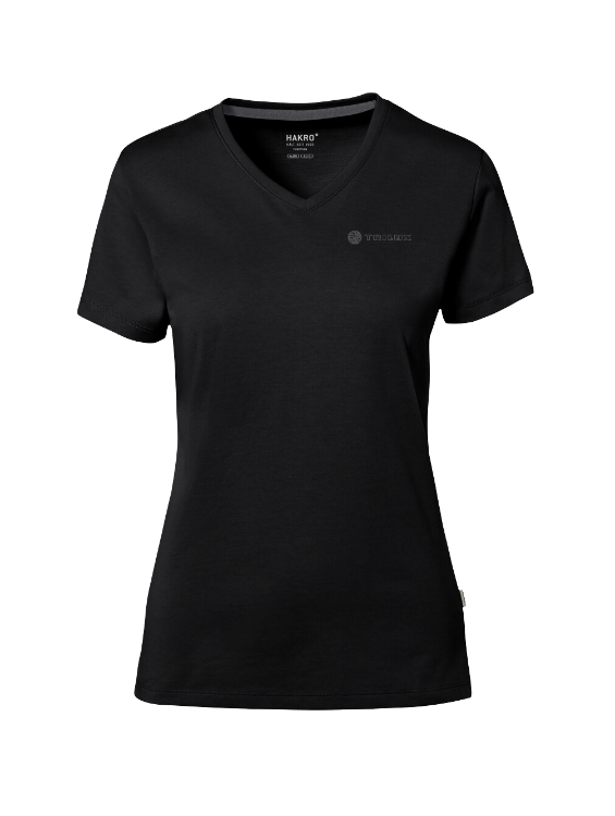 Schwarzes T-Shirt mit V-Ausschnitt, weißes TRILUX Logo auf der linken Brust