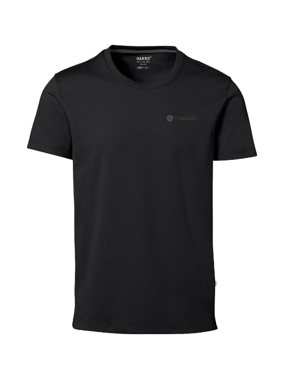 Schwarzes T-Shirt mit Rundausschnitt, weißes TRILUX Logo auf linker Brust