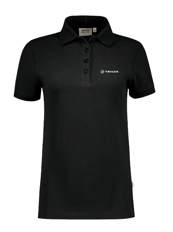 Schwarzes Poloshirt mit drei Knöpfen, weißes TRILUX Logo auf linker Brust