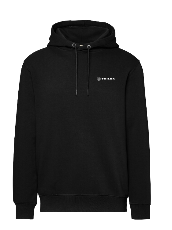Schwarzes Kapuzensweatshirt mit weißem TRILUX Logo auf der linken Brust
