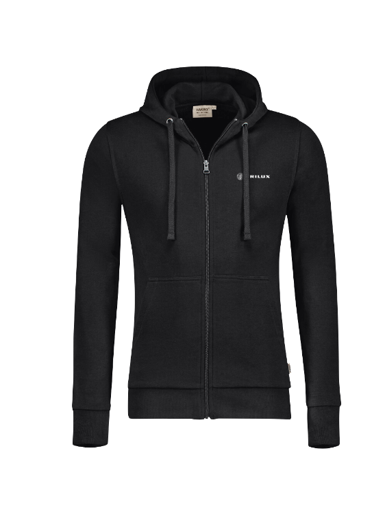 Schwarze Sweatshirtjacke mit Kapuze mit weißem TRILUX Logo auf der linken Brust